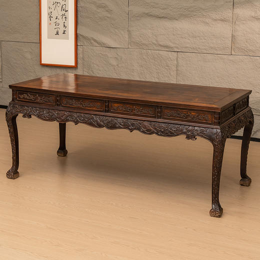 清中期 红木高束腰三弯腿浮雕喜上眉梢画桌 商品图4