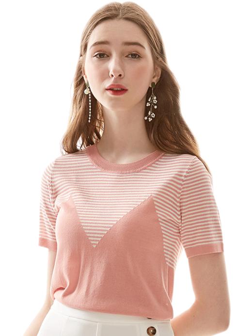 欧芮儿2019新款女装夏装圆领条纹针织衫女短袖撞色收腰显瘦上衣 商品图3