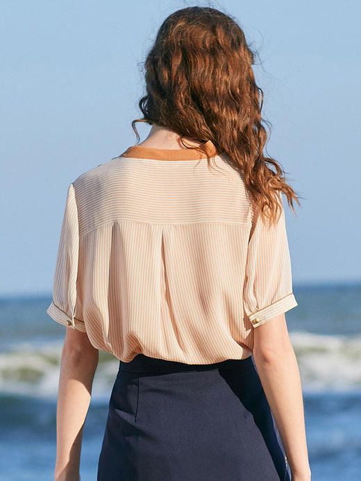 欧芮儿夏装2019新款女装拼接条纹雪纺衫女宽松挂脖上衣女小衫 商品图1