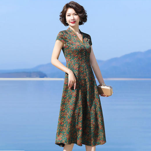 A686香云纱真丝连衣裙高档旗袍2021新款大牌桑蚕丝收腰绿色碎花裙子夏 商品图3