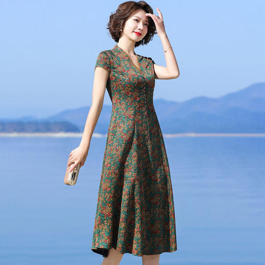 A686香云纱真丝连衣裙高档旗袍2021新款大牌桑蚕丝收腰绿色碎花裙子夏 商品图4