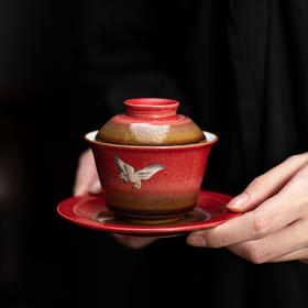 宫墙红瑞鹤呈祥盖碗茶杯三才功夫泡茶碗单带盖家用陶瓷不烫手茶具