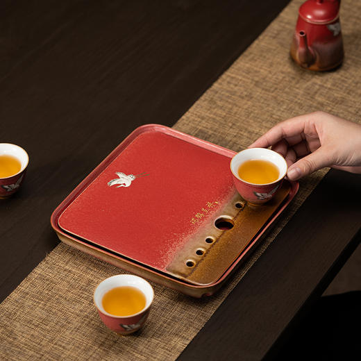 宫墙红蓄水茶盘红色干泡盘结婚茶盘喜庆大红色圆形新娘嫁妆用品 商品图1