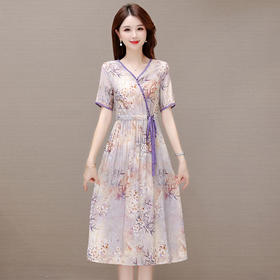 夏季新款，系带收腰裙中长款妈妈装短袖A字裙V领印花连衣裙QYM-XY-23X8967-Y