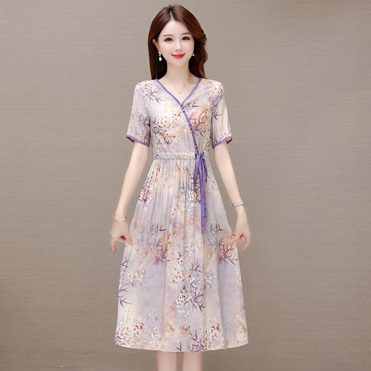 夏季新款，系带收腰裙中长款妈妈装短袖A字裙V领印花连衣裙QYM-XY-23X8967-Y 商品图0