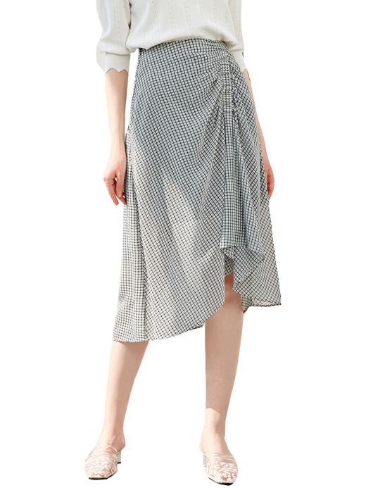 欧芮儿2019新款女装夏装雪纺半身裙女中长款高腰抽绳a字裙格子 商品图3