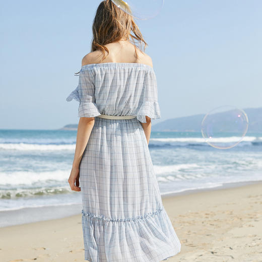 2018夏荷叶边喇叭袖一字肩格子雪纺连衣裙女中长 商品图1