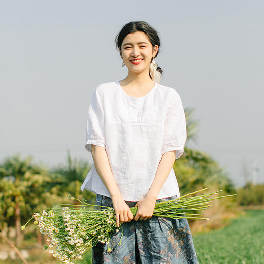 绽放旅行女装360+182朵/文艺短款v领分割短袖小衫亚麻短袖衬衫女百搭 商品图2