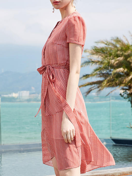 欧芮儿夏装2019新款女装系带收腰显瘦红色格子连衣裙女中长款女裙 商品图1