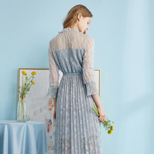 欧芮儿2019夏装新款网纱拼接喇叭袖蕾丝连衣裙女中长超仙a字裙 商品图1