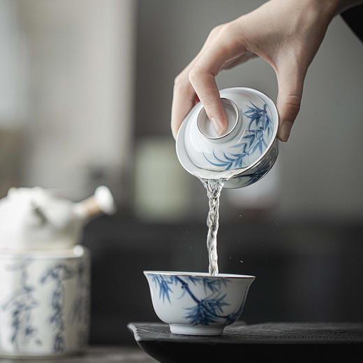 【日用百货】-宜室茶话  釉下粉彩手绘文竹银口盖碗 商品图2