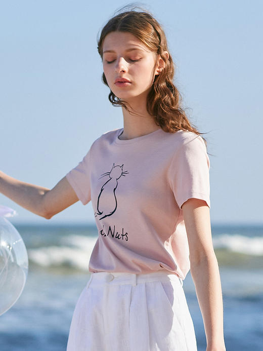 欧芮儿2021新款女装夏装黑色T恤女宽松猫咪字母印花短袖t恤女上衣 商品图0