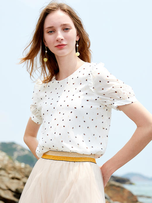 欧芮儿夏装2019新款女装波点雪纺衫女木耳边短袖上衣洋气小衫 商品图0