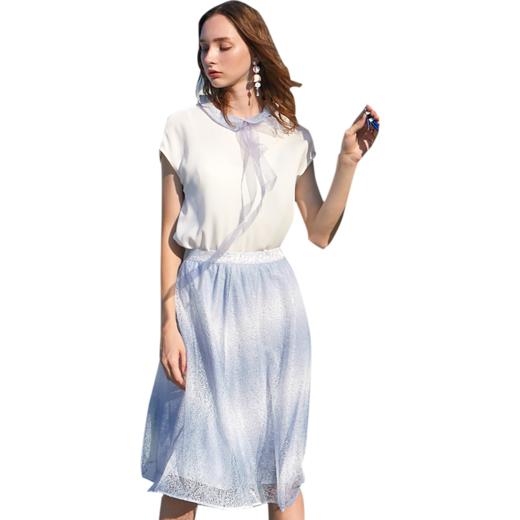 欧芮儿夏装2019新款女装娃娃领雪纺衫宽松两件套蕾丝半身裙套装 商品图3