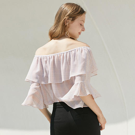 2018夏装一字领露肩小衫女格子喇叭袖雪纺衫女上衣 商品图2