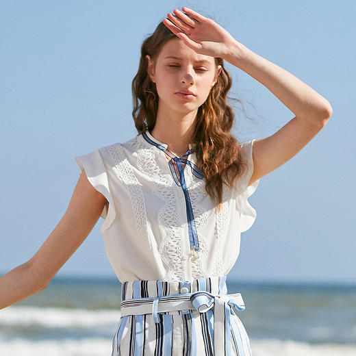 欧芮儿2019秋装新款系带蕾丝拼接白色衬衫女仙女超仙甜美衬衣上衣 商品图3