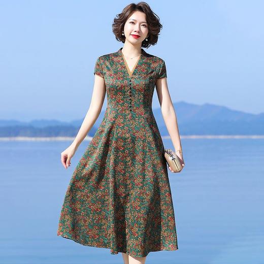 A686香云纱真丝连衣裙高档旗袍2021新款大牌桑蚕丝收腰绿色碎花裙子夏 商品图2