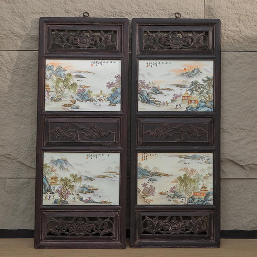 近代 红木镶张志汤款浅绛彩山水图瓷板画板挂屏（一对） 商品图0