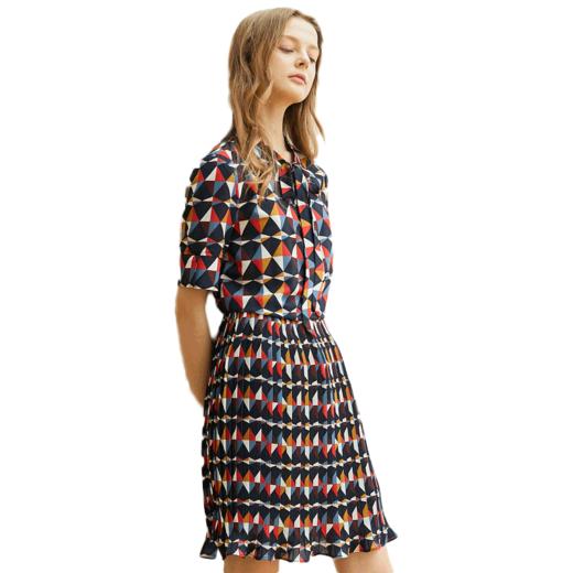 欧芮儿2018夏装收腰系带短袖图案印花连衣裙女中长款 商品图3