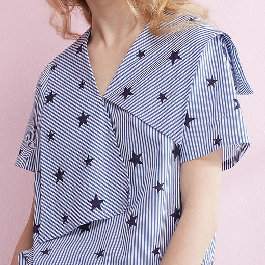 条纹衬衣女 2017夏装新款拼接图案短袖打底衬衫 商品图2
