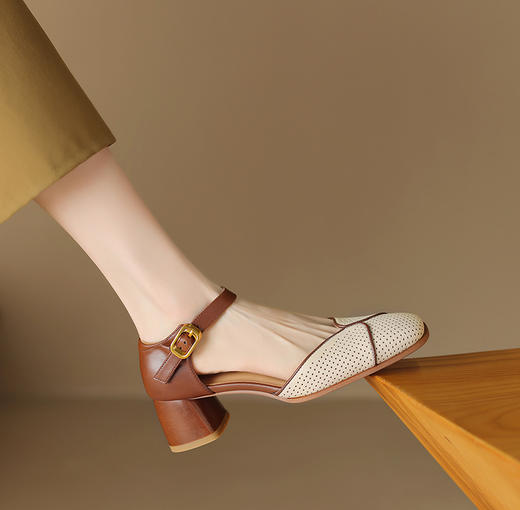 夏季新款，复古头层粒面透气孔牛皮里外全头层真皮包头中空凉鞋NJMK-K620 商品图4