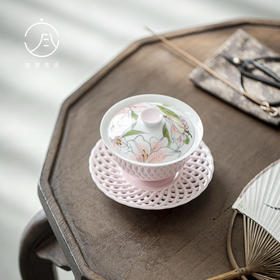 【日用百货】-宜室茶话  手绘粉百合三才盖碗 文人器家用陶瓷泡茶碗