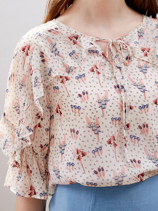 欧芮儿2019新款女装夏装碎花雪纺衫女短袖百搭系带荷叶边洋气小衫 商品图2