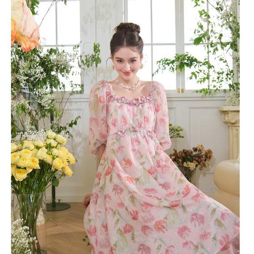 BeQueenStory【盈盈桃花】轻奢气质时尚优雅碎花显瘦连衣裙夏季 商品图0