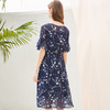 欧芮儿2019夏装新款雪纺碎花连衣裙蓝色中长款V领修身显瘦A字裙子 商品缩略图1