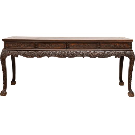 清中期 红木高束腰三弯腿浮雕喜上眉梢画桌 商品图5