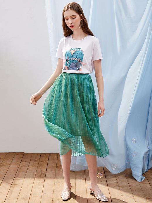 欧芮儿2019新款女装夏装金银丝网纱半身裙女高腰显瘦荷叶边女裙子 商品图0