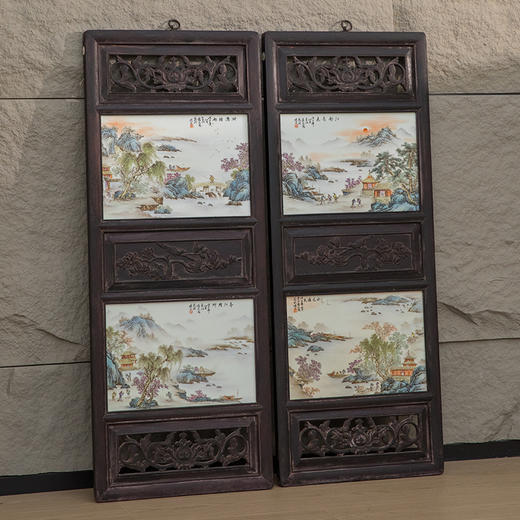 近代 红木镶张志汤款浅绛彩山水图瓷板画板挂屏（一对） 商品图4