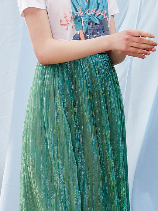 欧芮儿2019新款女装夏装金银丝网纱半身裙女高腰显瘦荷叶边女裙子 商品图2