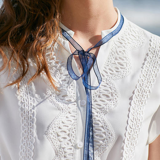 欧芮儿2019秋装新款系带蕾丝拼接白色衬衫女仙女超仙甜美衬衣上衣 商品图2