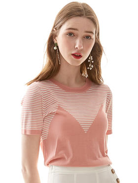 欧芮儿2019新款女装夏装圆领条纹针织衫女短袖撞色收腰显瘦上衣