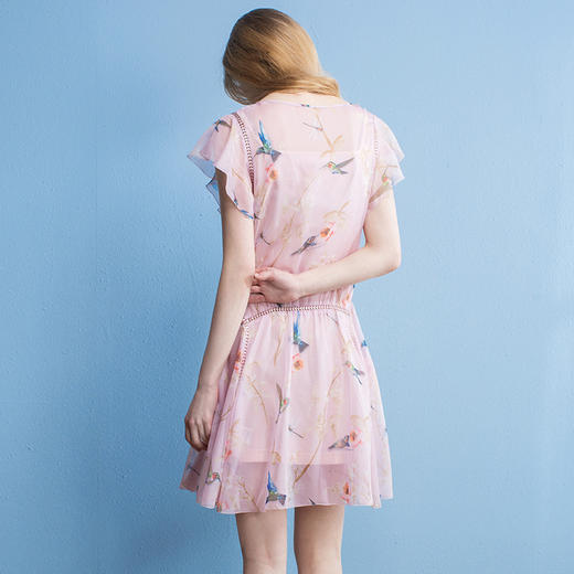 欧芮儿印花连衣裙女夏荷叶边短袖V领a字裙中长 商品图1