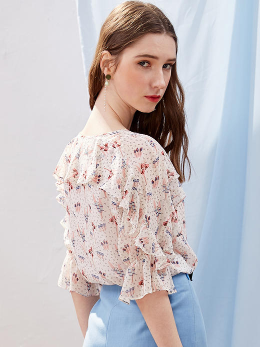 欧芮儿2019新款女装夏装碎花雪纺衫女短袖百搭系带荷叶边洋气小衫 商品图1