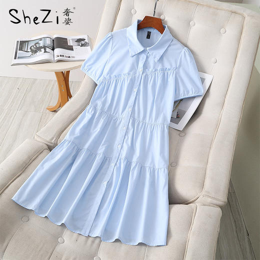 奢姿2025夏装新款胖妹妹大码女装气质泡泡袖翻领温柔风连衣裙6632809061 商品图3