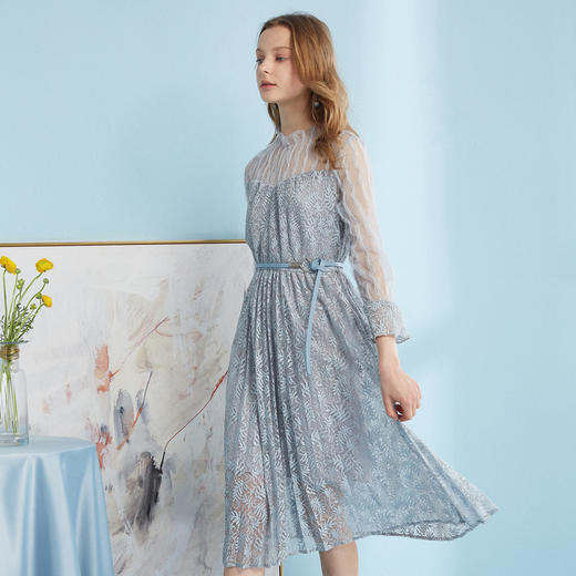 欧芮儿2019夏装新款网纱拼接喇叭袖蕾丝连衣裙女中长超仙a字裙 商品图0