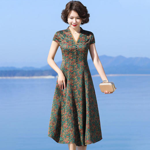 A686香云纱真丝连衣裙高档旗袍2021新款大牌桑蚕丝收腰绿色碎花裙子夏 商品图5