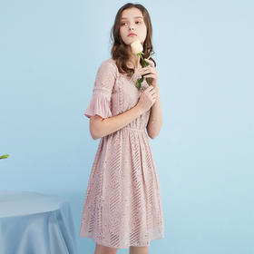 欧芮儿 喇叭袖蕾丝连衣裙女中长款甜美粉色短袖连衣裙