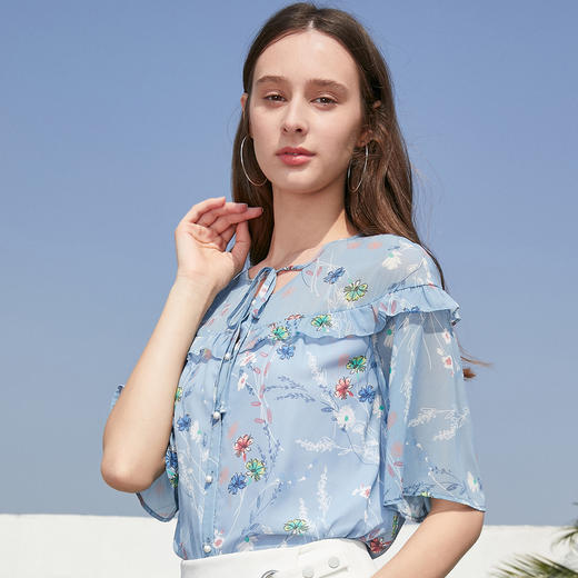 欧芮儿2019春装新短袖碎花雪纺衬衫女宽松显瘦洋气超仙韩版衬衣 商品图2