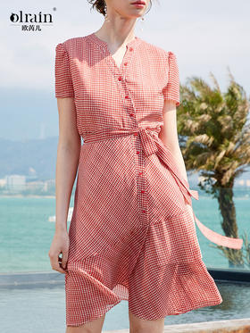 欧芮儿夏装2019新款女装系带收腰显瘦红色格子连衣裙女中长款女裙