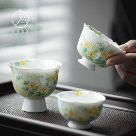 【日用百货】-宜室茶话  手绘野菊赋花口茶杯 功夫茶具陶瓷品茗杯