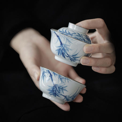 【日用百货】-宜室茶话  仿古手绘青花竹子盖碗茶杯套装 商品图4