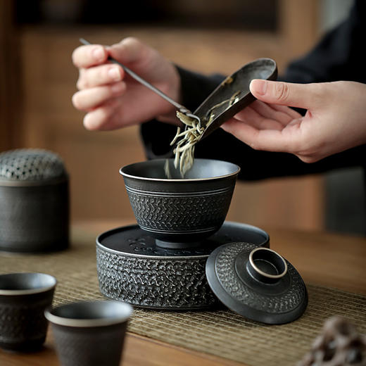 黑玄 黑陶盖碗陶瓷泡茶碗功夫茶具粗陶大号中式复古手抓盖碗 商品图1