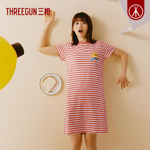 Threegun三枪 【彩条水柔棉】圆领短袖女士家居裙睡裙-70488A011 商品图5