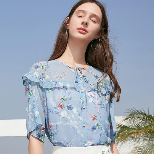 欧芮儿2019春装新短袖碎花雪纺衬衫女宽松显瘦洋气超仙韩版衬衣 商品图0