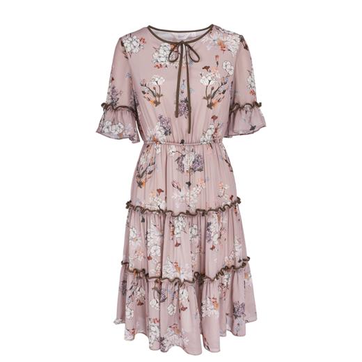 欧芮儿 2019夏装新款木耳边印花a字裙喇叭袖碎花连衣裙女中长款 商品图3