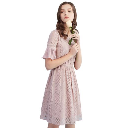 欧芮儿 喇叭袖蕾丝连衣裙女中长款甜美粉色短袖连衣裙 商品图3